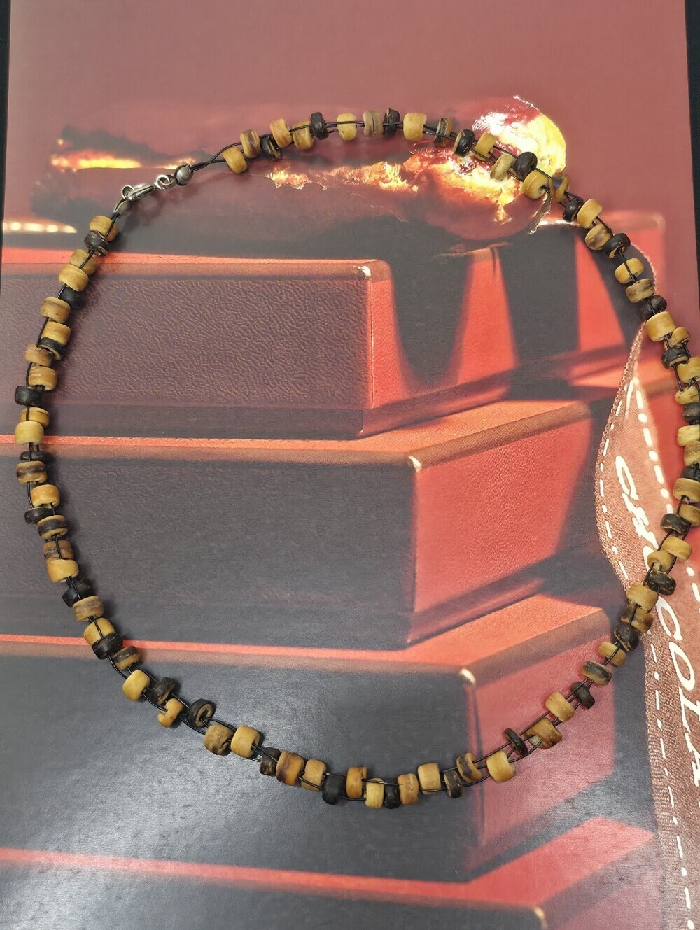 💫3x25 Vintage Wooden Beaded Choker Necklace 8" Brown Tan Surfer Unisex
